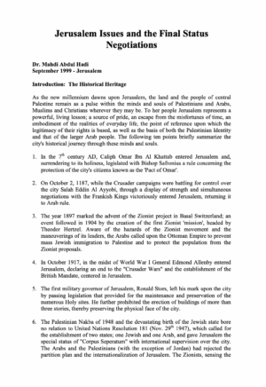 Jerusalem Issues and the Final Status Negotiations